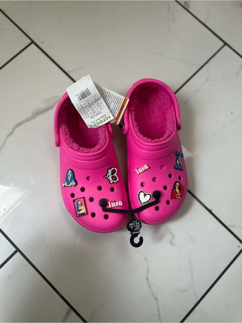 CROCS Kids Bright Pink Fuzzy-Lined Clogs with Charm Pins